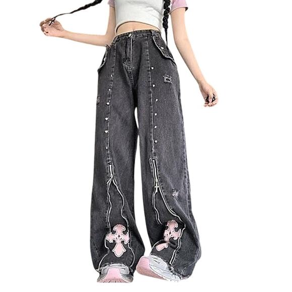 Amazon Denim - Y2K Gothic Grunge Vintage Casual High Waist Loose Pink Cross Zipper Trim Jean 29